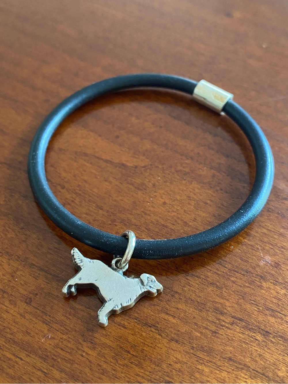 Sterling Silver Retriever Dog Charm on Black Rubbery Bracelet